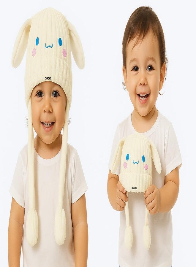 CHACKO Bunny Cap with Moving Ears for Kids (1-10 Yrs) | Plush Wool Winter Hat | Cute Girls Headwear & Funny Cap_White - Image 4